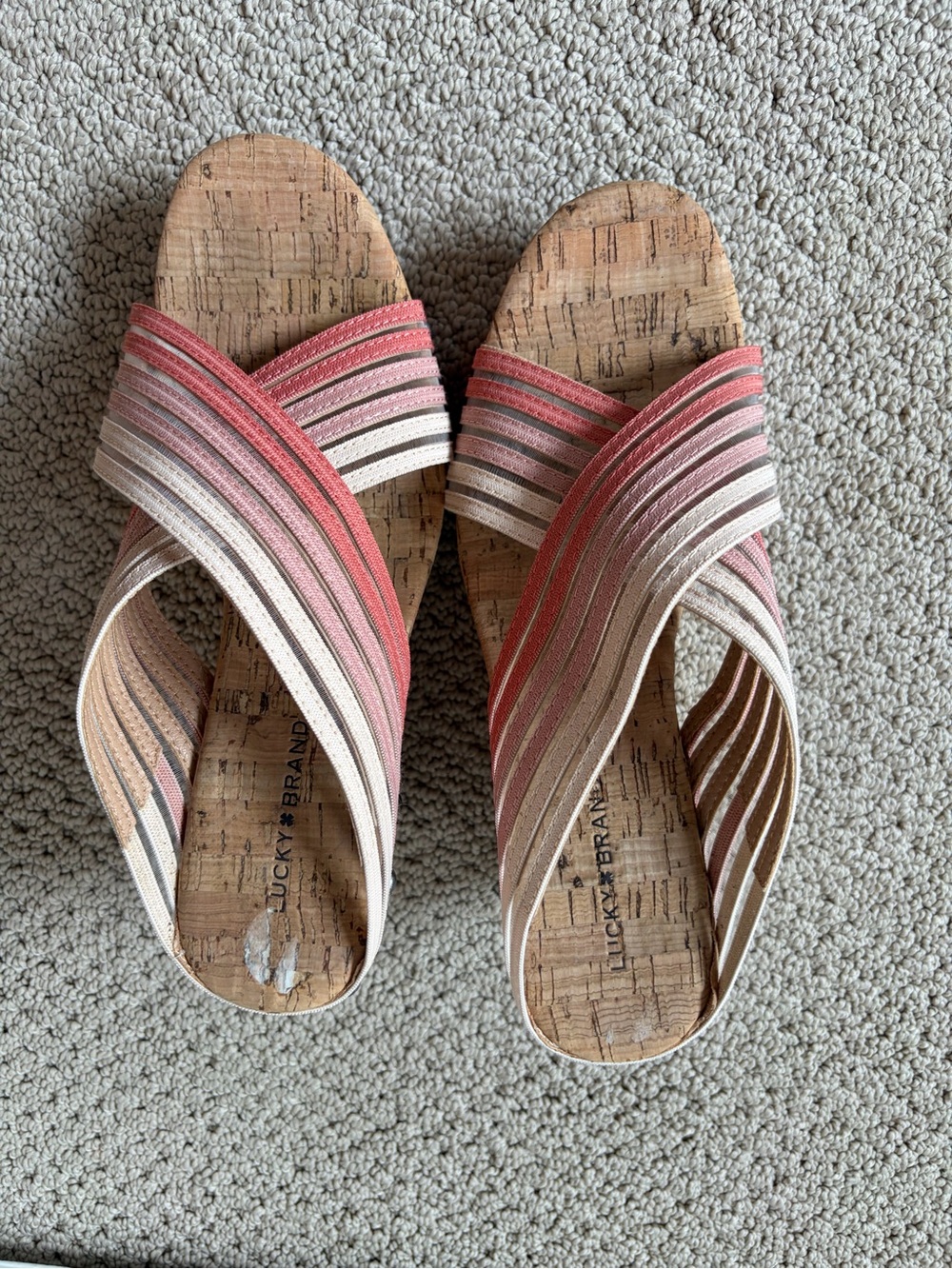 Lucky Brand Pink and Cream Crisscross Cork Slide Sandals